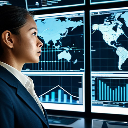A professional business analyst in a modest business suit, fully clothed, appropriate attire, standing confidently in a futuristic command center. They are intently studying multiple holographic projections displaying complex economic data, detailed trade routes, and live market trends. The projections show intricate supply and demand curves and virtual goods. professional dress, professional photography, high-quality, perfect anatomy, correct proportions, natural pose, well-formed hands, proper finger count, natural body proportions, safe for work, appropriate content, family-friendly.
