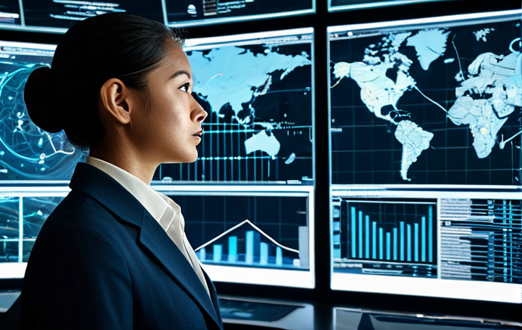 A professional business analyst in a modest business suit, fully clothed, appropriate attire, standing confidently in a futuristic command center. They are intently studying multiple holographic projections displaying complex economic data, detailed trade routes, and live market trends. The projections show intricate supply and demand curves and virtual goods. professional dress, professional photography, high-quality, perfect anatomy, correct proportions, natural pose, well-formed hands, proper finger count, natural body proportions, safe for work, appropriate content, family-friendly.