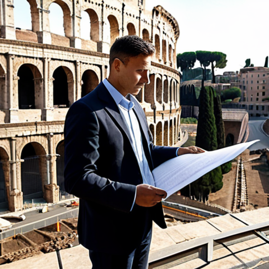 **

A professional architect, fully clothed in a stylish yet modest business attire, reviewing blueprints on a construction site in Rome, Italy. The Colosseum is subtly visible in the background. Perfect anatomy, correct proportions, well-formed hands, natural pose, professional lighting, safe for work, appropriate content, family-friendly.

**