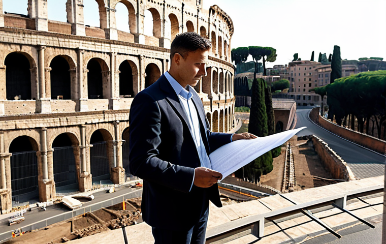 **

A professional architect, fully clothed in a stylish yet modest business attire, reviewing blueprints on a construction site in Rome, Italy. The Colosseum is subtly visible in the background. Perfect anatomy, correct proportions, well-formed hands, natural pose, professional lighting, safe for work, appropriate content, family-friendly.

**