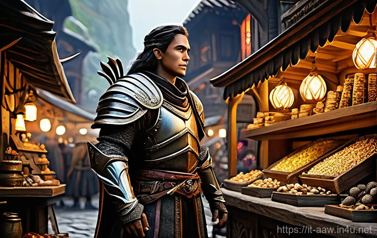 아키에이지 상점 할인 이벤트 - **Fantasy Warrior in a Flash Sale Marketplace:**
    "A heroic male or female fantasy warrior, clad ...