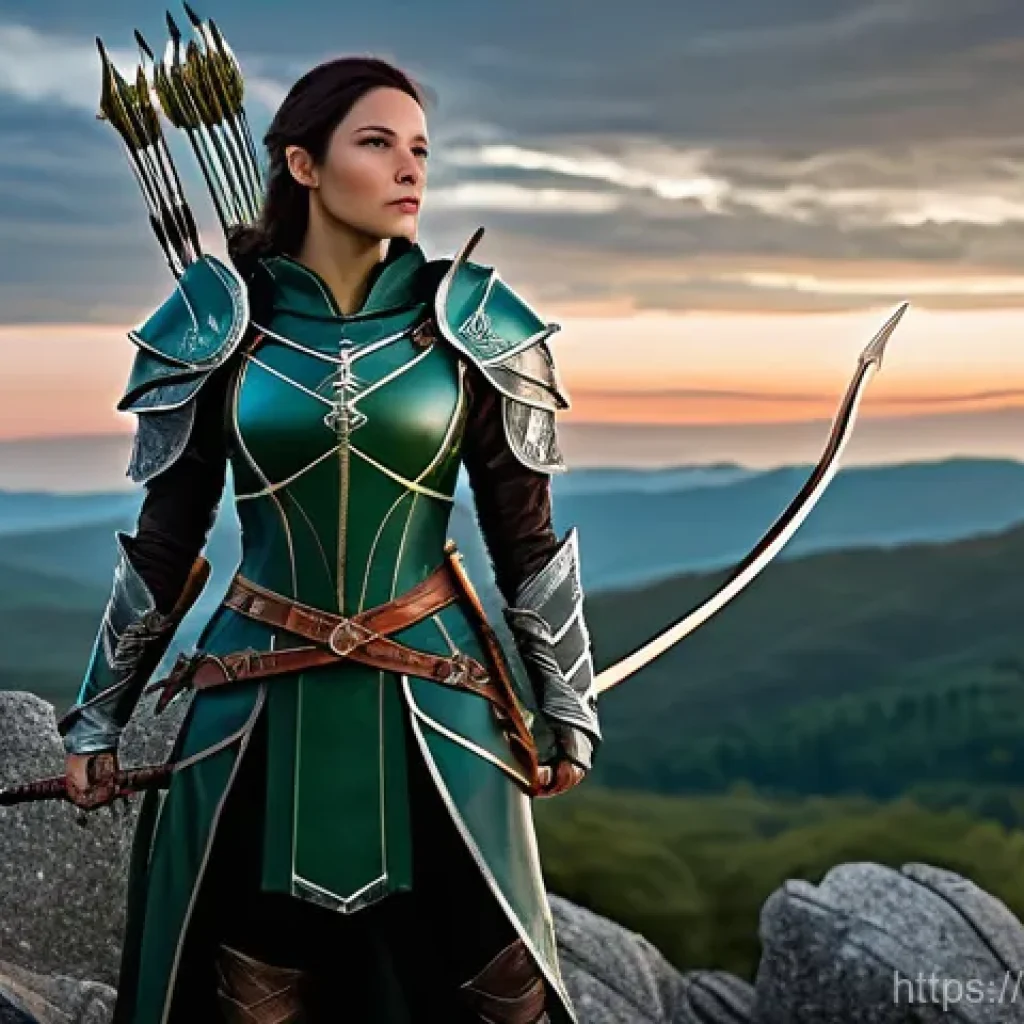 아키에이지 장비 세트 효과 분석 - **Prompt 1: "A formidable female elven archer stands triumphantly on a rocky outcrop overlooking a v...