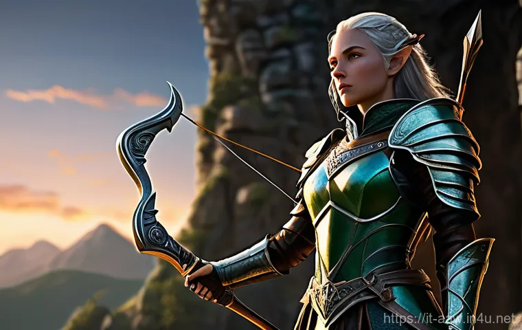 아키에이지 장비 세트 효과 분석 - **Prompt 1: "A formidable female elven archer stands triumphantly on a rocky outcrop overlooking a v...