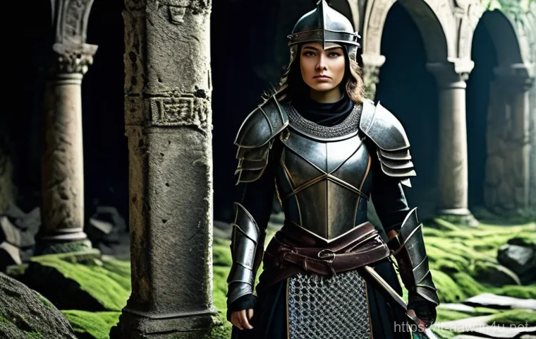 아키에이지 전투력 증가 방법 - **Prompt:** A brave female warrior stands resolutely amidst ancient, overgrown ruins. She is fully c...