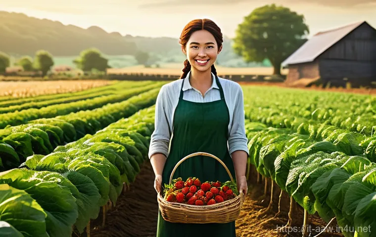 아키에이지 생활 기술 레벨업 - **Prompt:** A serene and prosperous ArcheAge farm at sunrise. A female farmer in her late 20s, with ...