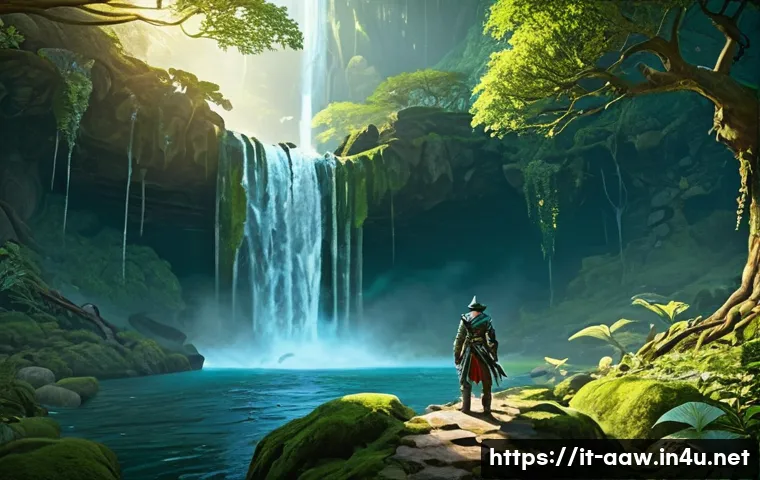 아키에이지 신규 콘텐츠 리뷰 - A lone adventurer, fully clothed in sturdy leather and cloth gear, stands at the edge of a hidden wa...