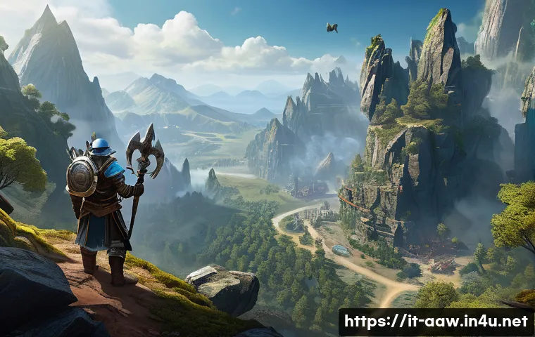 아키에이지 희귀 자원 파밍 - A detailed fantasy landscape depicting a rare resource mining site in the Nuia Mountains from ArcheA...