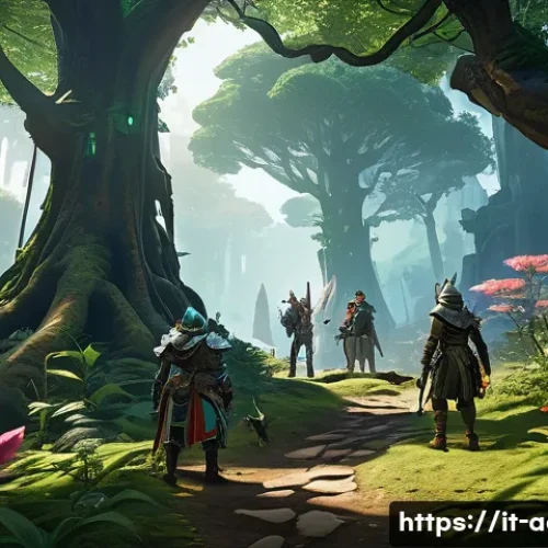 아키에이지 PvE와 PvP 비교 - A fantasy MMORPG scene showcasing a group of diverse players exploring a vibrant, lush forest biome ...