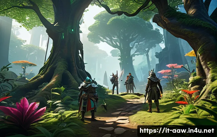 아키에이지 PvE와 PvP 비교 - A fantasy MMORPG scene showcasing a group of diverse players exploring a vibrant, lush forest biome ...