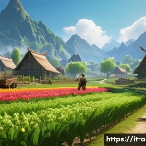 아키에이지 신규 유저 시작 팁 - A serene fantasy farming scene in ArcheAge style, featuring a character wearing simple rustic clothi...