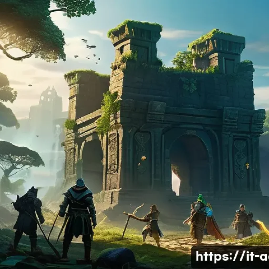 아키에이지 상위 콘텐츠 분석법 - A highly detailed fantasy raid scene set in a lush, mystical forest at dusk, featuring a well-organi...