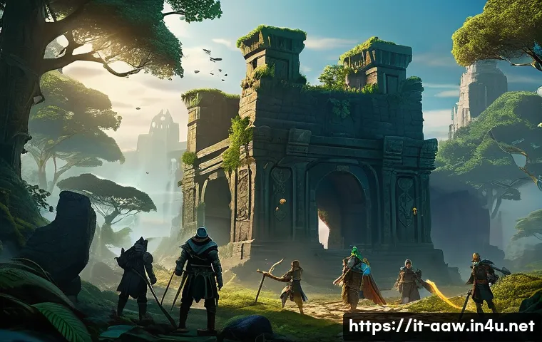 아키에이지 상위 콘텐츠 분석법 - A highly detailed fantasy raid scene set in a lush, mystical forest at dusk, featuring a well-organi...