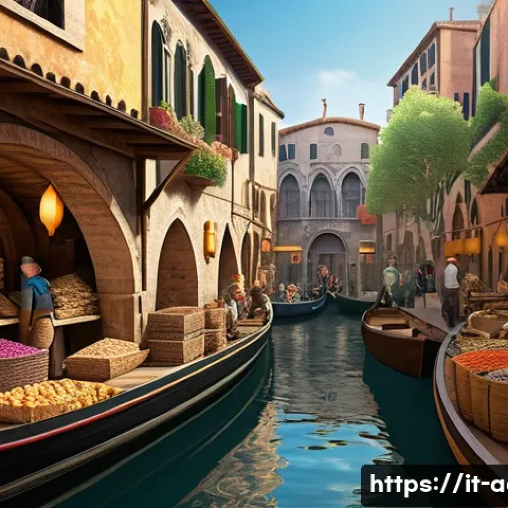 아키에이지 주요 NPC 위치 - A bustling medieval fantasy market scene set in a large Italian port city inspired by Genoa or Venic...