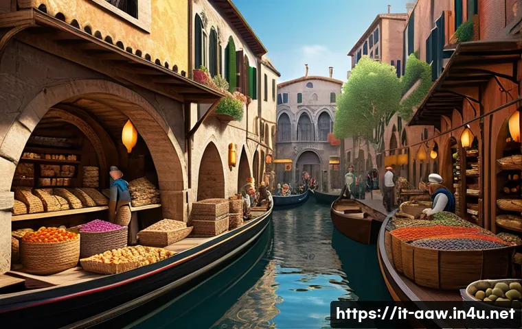 아키에이지 주요 NPC 위치 - A bustling medieval fantasy market scene set in a large Italian port city inspired by Genoa or Venic...
