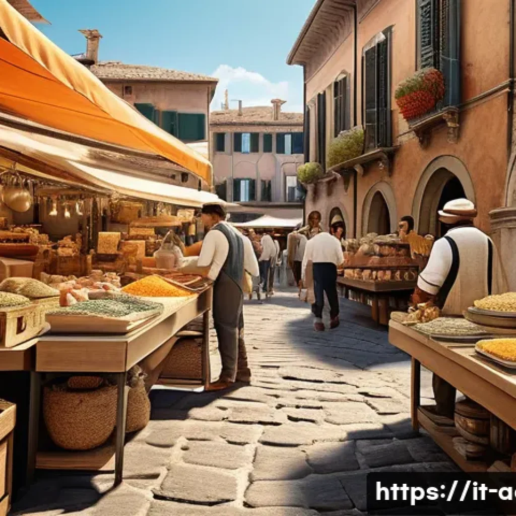 아키에이지 경제 효율 최적화 - A detailed, futuristic marketplace scene in Italy featuring diverse characters engaging in trade and...