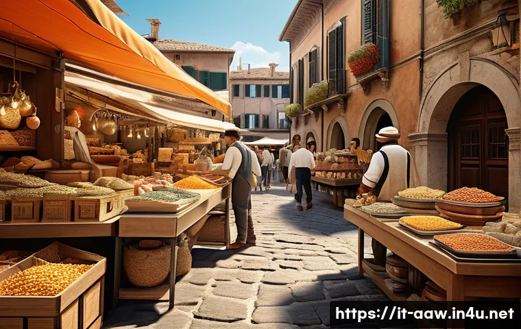 아키에이지 경제 효율 최적화 - A detailed, futuristic marketplace scene in Italy featuring diverse characters engaging in trade and...