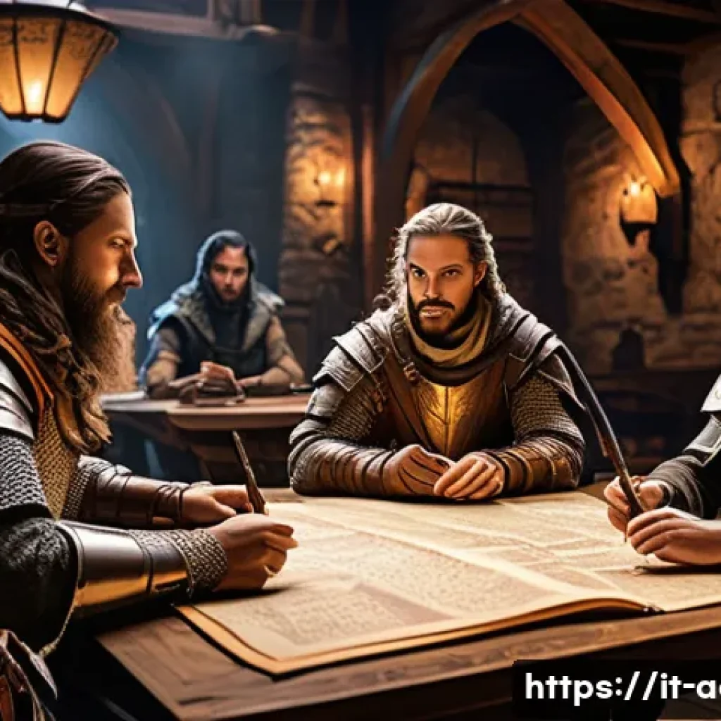 아키에이지 클랜 레벨업 - A dynamic fantasy clan meeting scene set in a medieval-style war room, featuring diverse characters ...