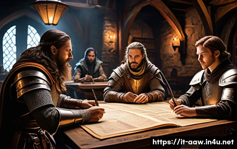 아키에이지 클랜 레벨업 - A dynamic fantasy clan meeting scene set in a medieval-style war room, featuring diverse characters ...