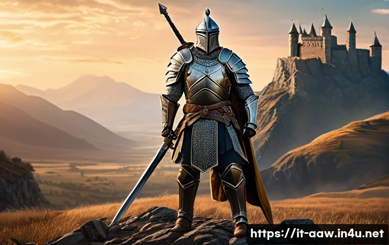아키에이지 신규 유저 직업 추천 - A valiant warrior clad in intricately detailed armor, wielding a massive sword, standing confidently...
