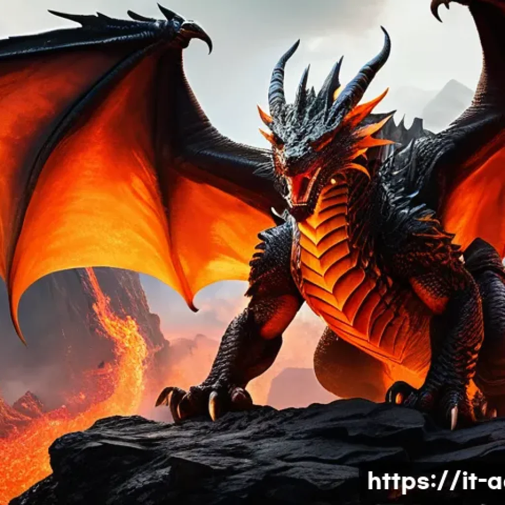아키에이지 보스 리스폰 타이머 - A fierce Fire Dragon boss perched atop fiery volcanic mountains, surrounded by molten lava and glowi...