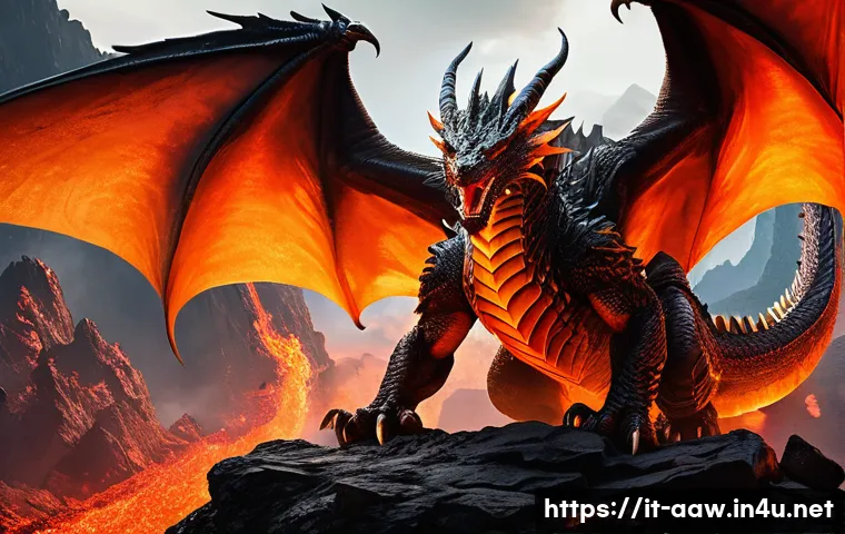 아키에이지 보스 리스폰 타이머 - A fierce Fire Dragon boss perched atop fiery volcanic mountains, surrounded by molten lava and glowi...