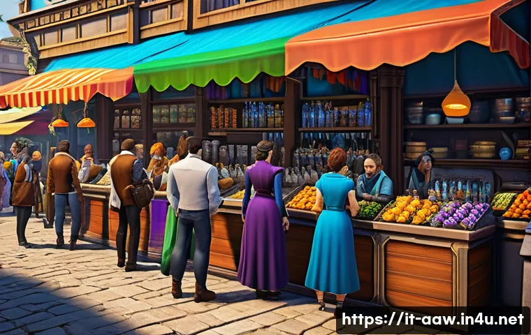 아키에이지 서버 간 거래소 차이 - A bustling virtual marketplace scene set in a futuristic MMORPG game server inspired by European aes...