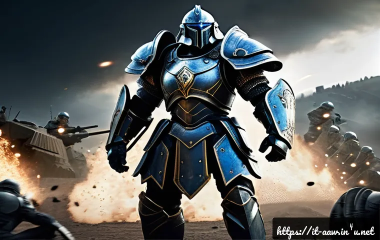 아키에이지 PvP 시즌 장비 리뷰 - A fierce battle scene featuring a heavily armored tank warrior clad in the “Iron Guardian” heavy arm...