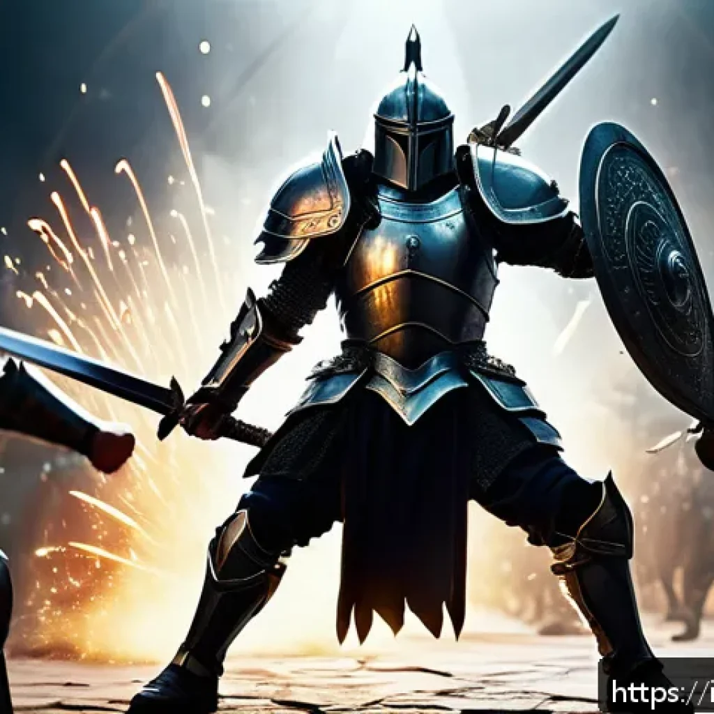 아키에이지 상위 유저 공략 - A dynamic fantasy battle scene featuring a heavily armored warrior wielding a massive sword, mid-swi...