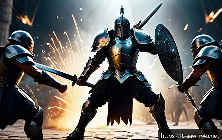 아키에이지 상위 유저 공략 - A dynamic fantasy battle scene featuring a heavily armored warrior wielding a massive sword, mid-swi...