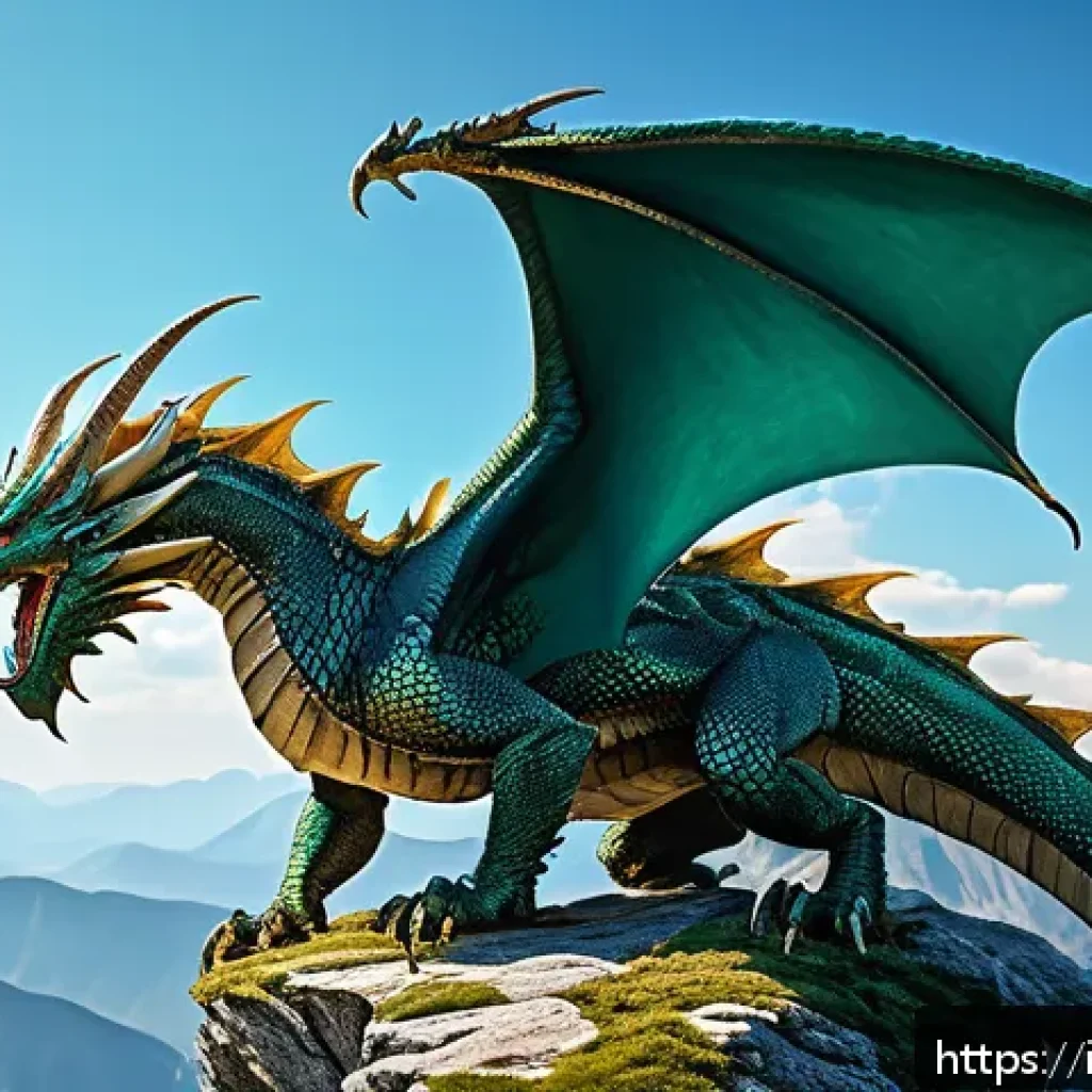 아키에이지 희귀 몬스터 드랍템 - A majestic Zandria Dragon perched atop rugged mountain peaks under a bright daytime sky, its scales ...