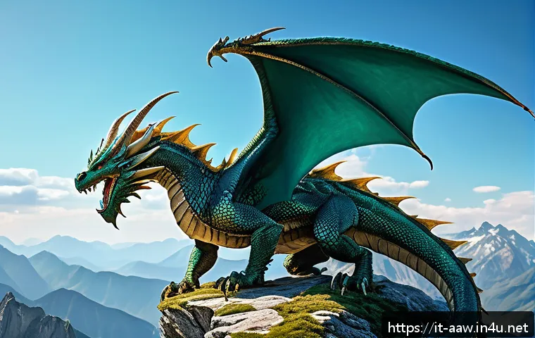 아키에이지 희귀 몬스터 드랍템 - A majestic Zandria Dragon perched atop rugged mountain peaks under a bright daytime sky, its scales ...