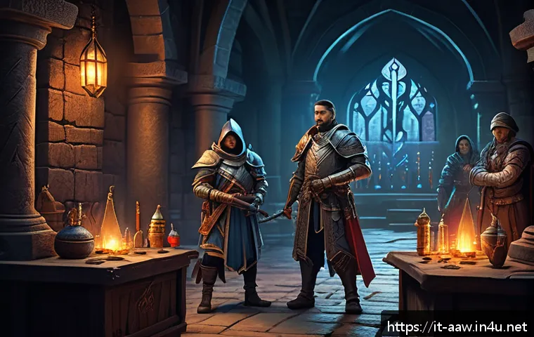 아키에이지 던전 주간 이벤트 - A detailed fantasy RPG scene showing a group of four adventurers preparing for a weekly dungeon raid...