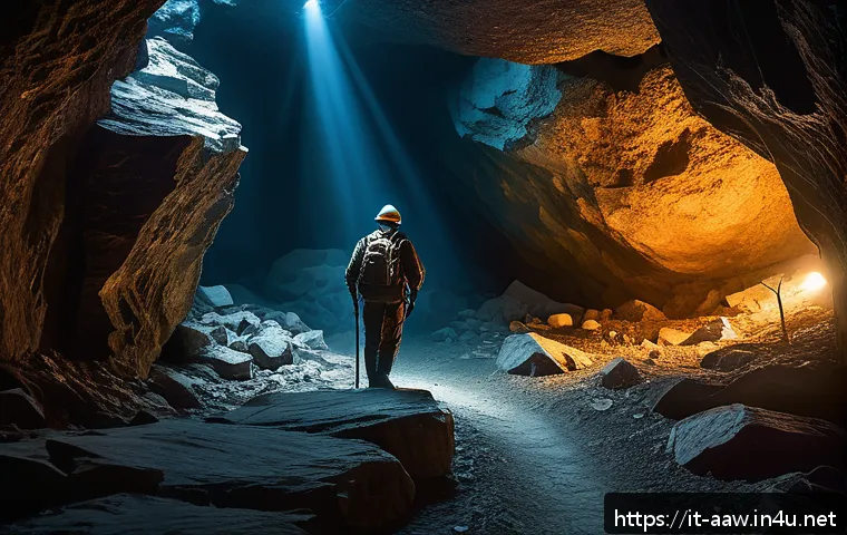 아키에이지 광산 채굴 루트 - A detailed fantasy mining scene inside a vast underground cave system featuring hidden secret paths ...