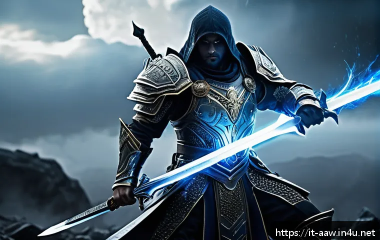 아키에이지 시즌별 인기 아이템 - A heroic fantasy warrior wielding the legendary "Sword of Infinite Light," glowing with intense blue...