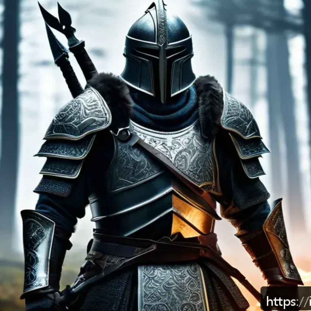 아키에이지 캐릭터 장비 세팅 - A detailed fantasy warrior character clad in balanced heavy and medium armor, wielding a large two-h...