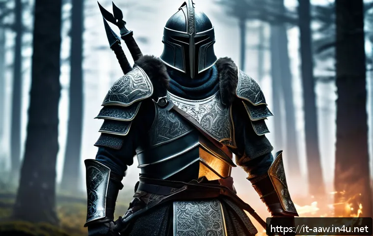아키에이지 캐릭터 장비 세팅 - A detailed fantasy warrior character clad in balanced heavy and medium armor, wielding a large two-h...