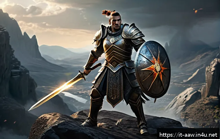 아키에이지 전투력 효율 상승법 - A detailed fantasy warrior character in sturdy, intricately designed armor focused on close combat, ...