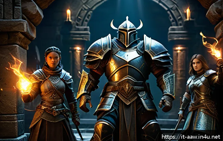 아키에이지 던전 상위권 공략 - A detailed fantasy dungeon party scene showcasing a diverse group of adventurers preparing for battl...