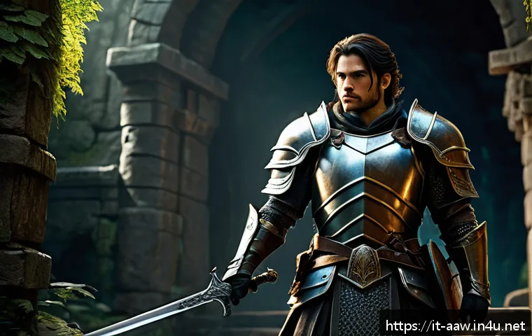 아키에이지 성장 지원 패키지 - A dynamic fantasy RPG scene depicting a confident player character clad in high-quality armor and wi...