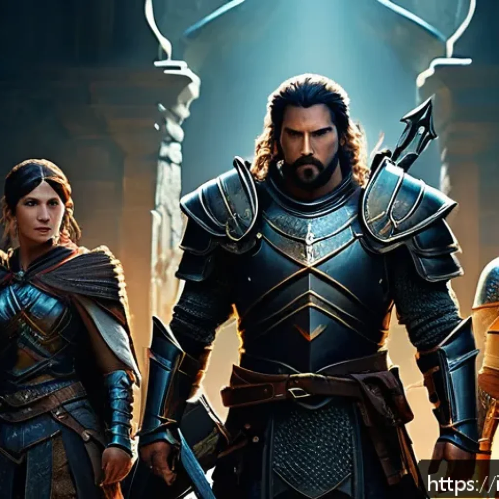 아키에이지 업적 시스템 - A dynamic group of diverse fantasy adventurers in detailed armor and practical clothing, collaborati...