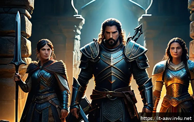 아키에이지 업적 시스템 - A dynamic group of diverse fantasy adventurers in detailed armor and practical clothing, collaborati...