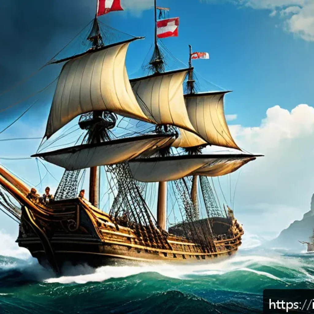 아키에이지 해상 전투 전략 - A dynamic naval battle scene in a fantasy ocean setting inspired by ArcheAge, featuring a fleet of d...