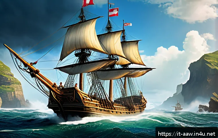 아키에이지 해상 전투 전략 - A dynamic naval battle scene in a fantasy ocean setting inspired by ArcheAge, featuring a fleet of d...