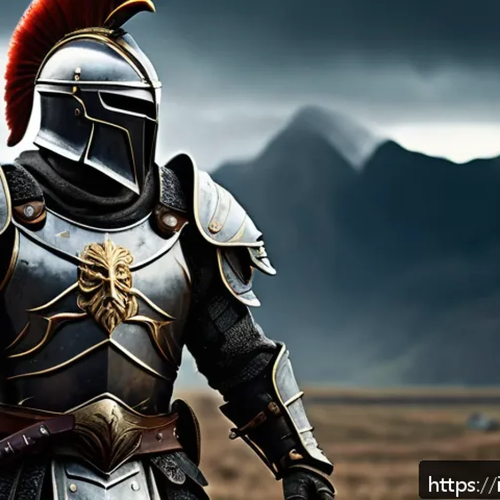 아키에이지 필수 장비 리스트 - A fierce warrior clad in heavy, intricately detailed metal armor with visible battle scars and scrat...