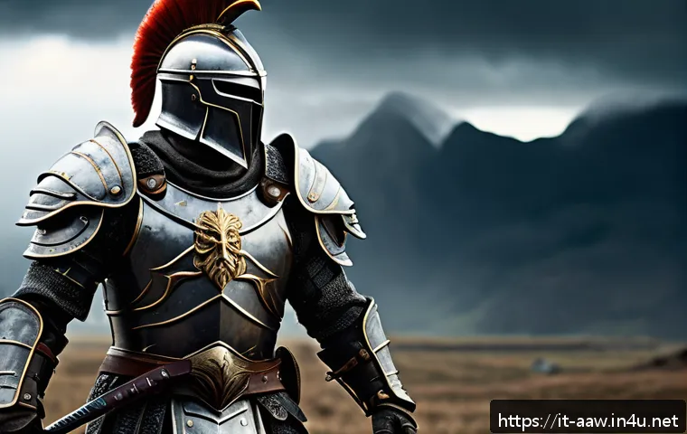 아키에이지 필수 장비 리스트 - A fierce warrior clad in heavy, intricately detailed metal armor with visible battle scars and scrat...