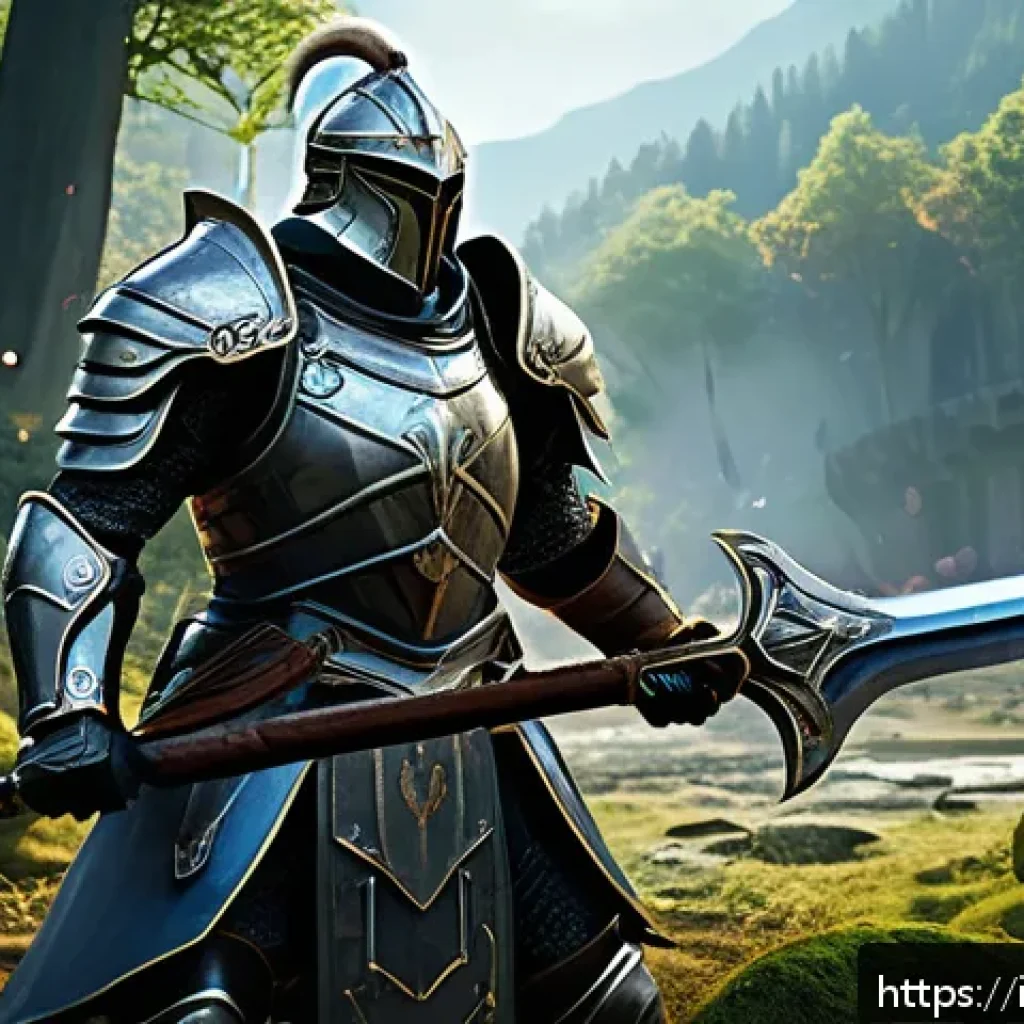 아키에이지 공략집 작성법 - A dynamic battle scene in a fantasy MMORPG setting featuring a heavily armored warrior tank in detai...