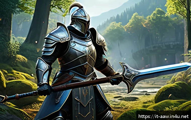 아키에이지 공략집 작성법 - A dynamic battle scene in a fantasy MMORPG setting featuring a heavily armored warrior tank in detai...