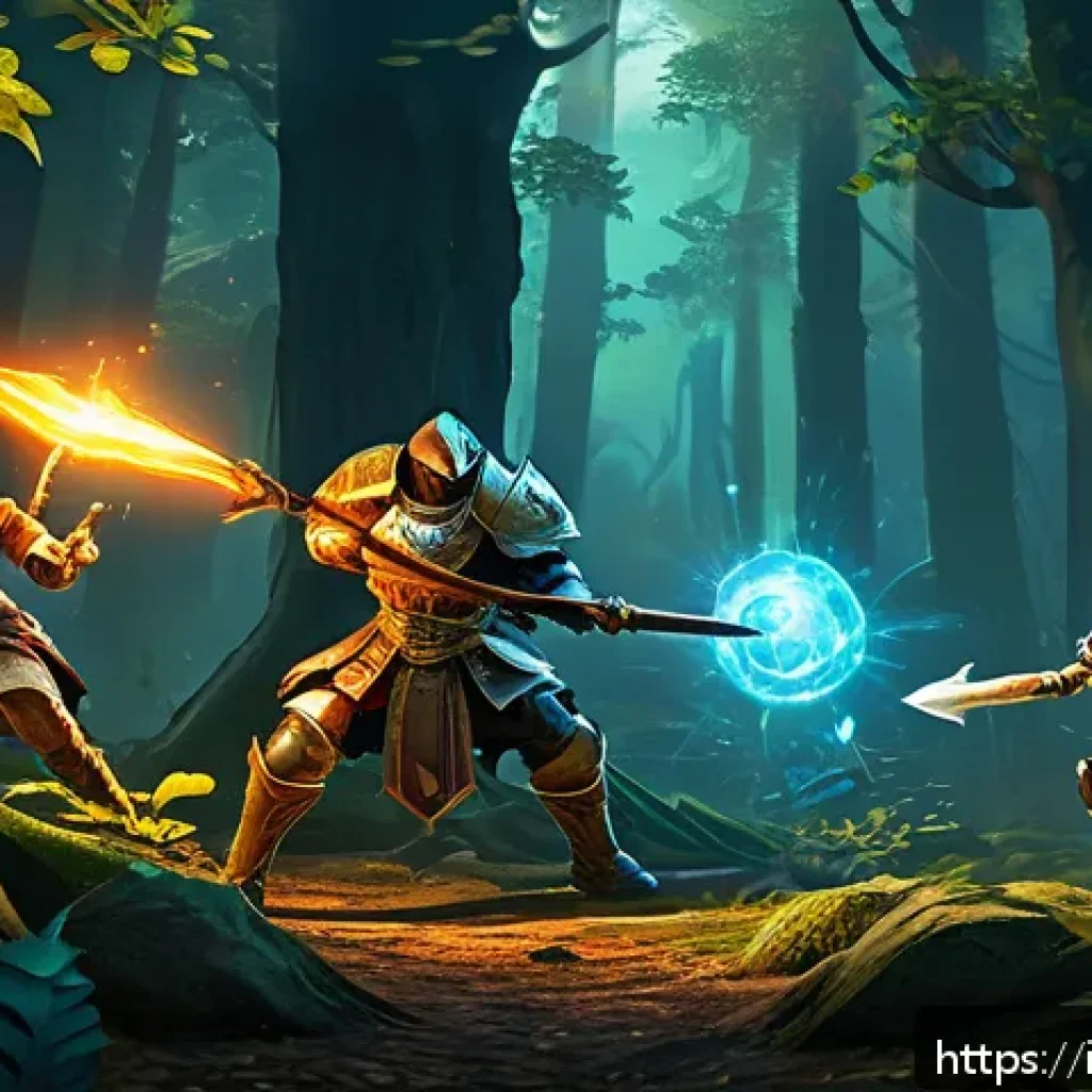 아키에이지 상위 콘텐츠 공략 추천 - A dynamic fantasy MMORPG scene showing a diverse group of adventurers in mid-battle inside a lush, v...