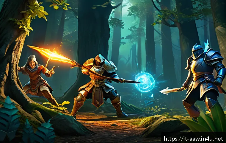 아키에이지 상위 콘텐츠 공략 추천 - A dynamic fantasy MMORPG scene showing a diverse group of adventurers in mid-battle inside a lush, v...