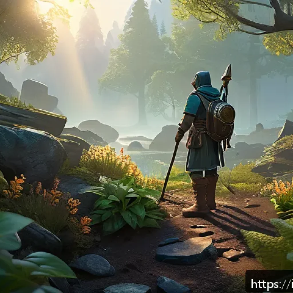 아키에이지 자원 채집 효율 - A dynamic fantasy game scene at dawn, featuring a lone adventurer gathering rare herbs and minerals ...